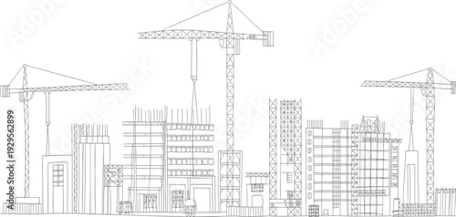 Urban city skyline construction line drawing featuring multiple industrial tower cranes and developing building structural frames