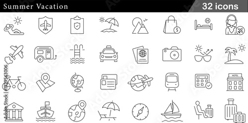 32 Summer Vacation Icons Set Beach Umbrella, Palm Tree, Cruise Ship and Passport Symbols in Clean Thin Line Style for Travel Planning