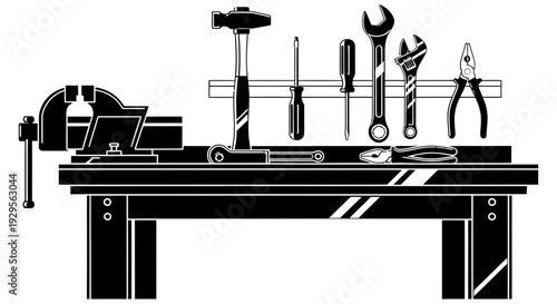 Workbench with tools and equipment arranged neatly in a clean and organized workspace from a front viewpoint Whisk 9e47f355