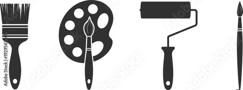 Painting And Art Supplies Icons Including Brushes Paint Palette And Roller On White Background Keywords: art, painting, artist