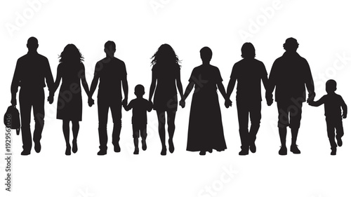 People silhouettes holding hands in a diverse group with various hairstyles and clothing featuring family, unity, togetherness with community and human figures elements for walking, together