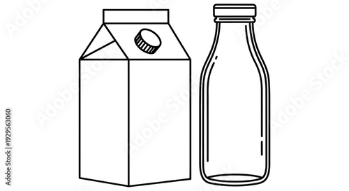 Line art illustration depicting two common dairy product containers, a gable top carton and a traditional glass bottle, perfect for food packaging design concepts.