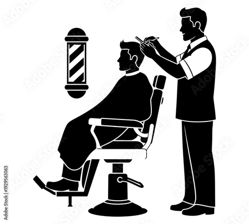Barber cutting man's hair in a traditional professional barbershop with a classic barber pole visible, offering expert grooming services and stylish haircuts for men.