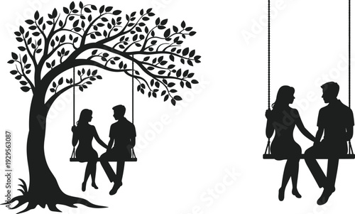 Black and white silhouette illustration of romantic couple sitting on swing under tree branches, intimate love connection concept with serene natural setting and artistic design