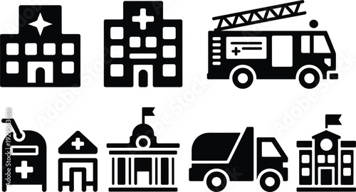 Public Service Building Icons Including Hospitals Fire Station And School On White Background Keywords: public service, building