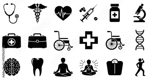 Collection of black and white medical healthcare icons representing various health concepts for hospital and clinic related design projects.