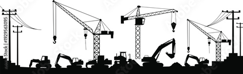 Construction site silhouette with cranes excavators and power lines, heavy machinery industrial landscape, black vector illustration isolated on white background