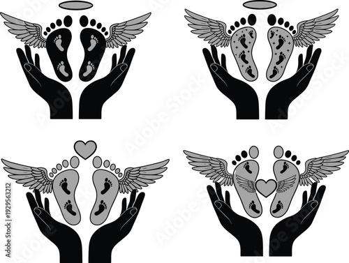 Memorial baby footprint silhouette illustration set with angel wings, halo, heart, and symbolic variations for remembrance, innocence, spirituality, and emotional tribute concepts