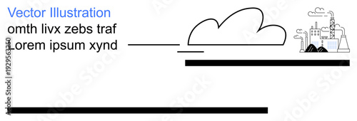 Environmental pollution, climate change, industrial impact, emissions, sustainability, clean energy. Black cloud outline and factory producing emissions. Environmental pollution and climate change
