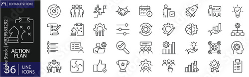 Action plan icons set. Includes symbols of strategy, tasks, goals, checklists, progress tracking, and workflow. Editable stroke. Vector illustration. Outline icons.