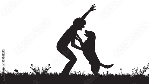 Man playing with dog in field silhouette with grass and flowers around featuring outdoor, activity, pet with canine and companion elements for leisure, recreation projects, clean composition on