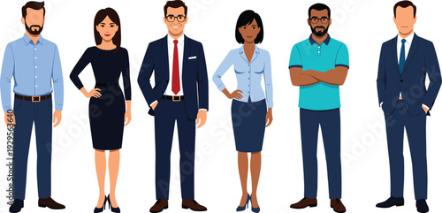 Diverse business team standing in professional attire, flat vector illustration of male and female office workers, teamwork, modern corporate diversity concept, clean design