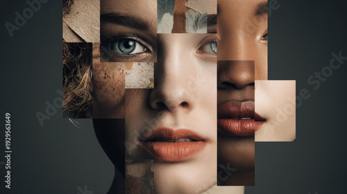 Parts of the face of people of different ethnicities using creative beauty collage
