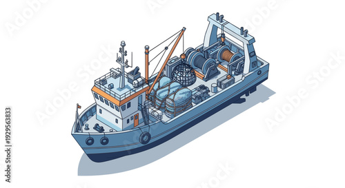 Isolated illustration of a blue and white fishing boat, fully loaded with equipment, sitting on a white background, perfect for graphic design projects.