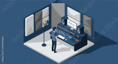 Isometric vector illustration of a sound engineer mixing audio at a soundboard in a blue recording studio with soundproofing, perfect for music production and audio concepts.