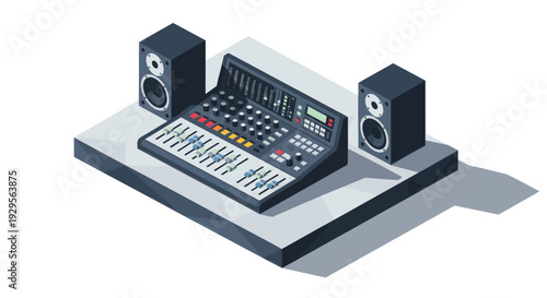 Isometric illustration featuring an audio mixer console with two speakers on a gray platform, perfect for showcasing audio engineering and music production concepts.