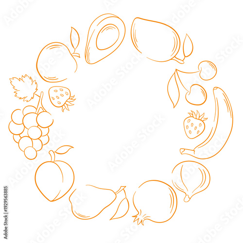 Fruit wreath illustration with apple, banana, pear, avocado, grapes and strawberry in line art style. Decorative border on white background for healthy design, package and card.