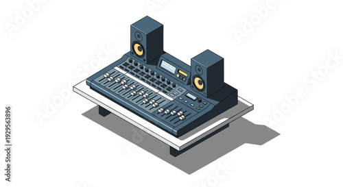 Isometric illustration of an audio mixing console with speakers, set atop a small white table against a white background, perfect for music production concepts.