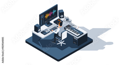 Isometric illustration of a music producer composing music in a studio using a computer, keyboard, and mixing equipment, perfect for technology and music-related projects.