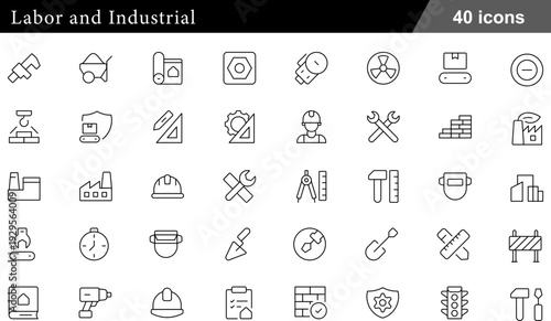 Labor and Industrial Thin Line Icons Set Manufacturing Factory, Heavy Duty Tools, Safety Gear, Precision Engineering and Material Handling Symbols for Industry