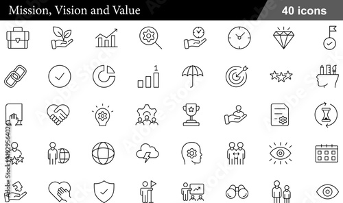 Mission Vision Values Thin Line Icons Set Corporate Strategy, Leadership Goals, Business Ethics and Core Principles Symbols for Company Culture
