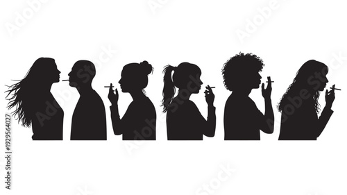 Women silhouette set with cigarette smoking isolated on white background featuring female, people, smoker with tobacco and habit elements for addiction, health projects, clean composition on simple
