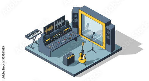 An isometric illustration of a music recording studio featuring a mixing console, monitors, keyboard, amplifier, guitar, microphone and isolation booth. Ideal for music production or audio engineering