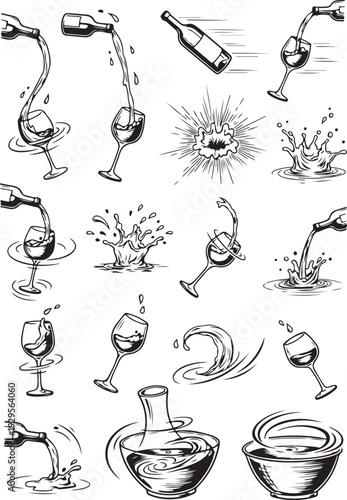Wine Pouring & Splash Line Art Illustration Set, Hand Drawn Vector Collection.