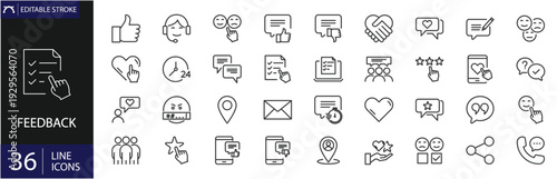 Feedback icons set. Includes symbols of comments, ratings, reviews, suggestions, surveys, and user responses. Editable stroke. Vector illustration. Outline icons. 