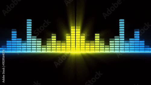 Audio Equalizer Bars Dynamically Pulsing with Blue and Yellow Light on Dark Background Showing Sound Frequency Response