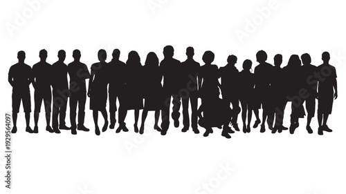 People crowd silhouette group standing together in row, diverse men women and children outline, community teamwork concept, isolated black figures on white background