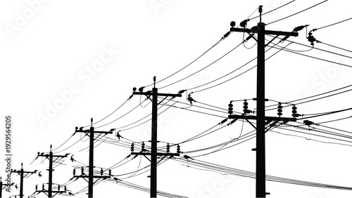 Electric power line poles silhouette vector illustration with utility cables and transformers isolated on white background, energy infrastructure concept