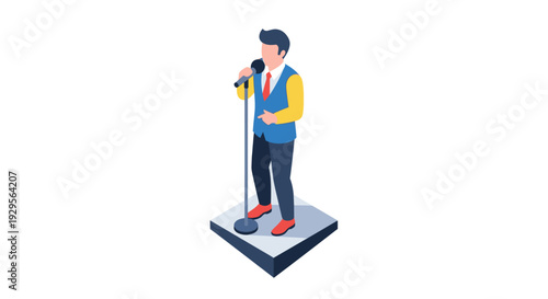 Isometric illustration of a faceless singer performing on a stage with a microphone, wearing a suit, tie, and shoes, suitable for music, entertainment, and presentation themes.