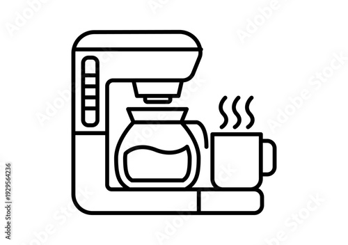 Icono lineal de una cafetera eléctrica con jarra de cristal y taza humeante