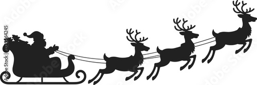 Silhouette Santa Claus riding sleigh with reindeer, Christmas festive holiday vector illustration, gift delivery celebration, traditional seasonal design isolated black figure