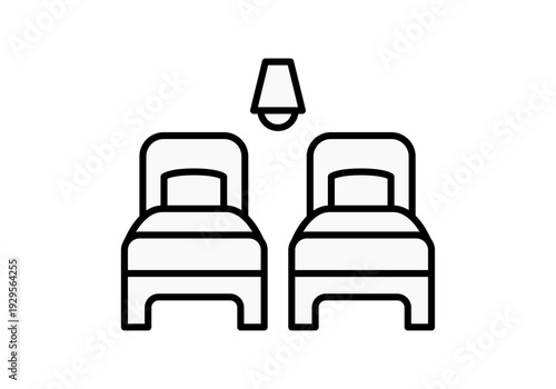 Icono lineal de dos camas individuales con una lámpara de pared en el centro
