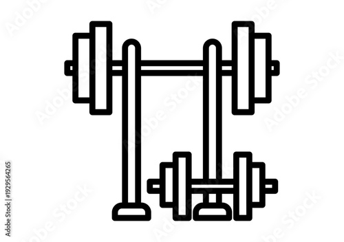 Icono lineal de pesas y barra de gimnasio en un soporte de entrenamiento
