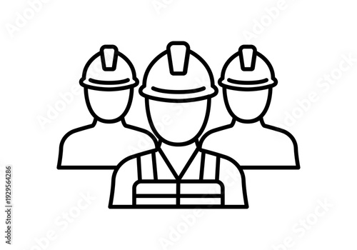 Icono de equipo de tres trabajadores de la construcción con cascos de seguridad y chaleco reflectante