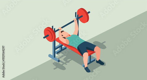 Isometric vector illustration of a man bench pressing a barbell on a weight bench, showing strength training in a gym setting, rendered in flat colors.