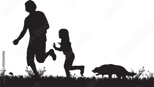 Silhouette family running with child and dog on grassy field, outdoor play and bonding scene, black cutout figures on white background, nature lifestyle concept