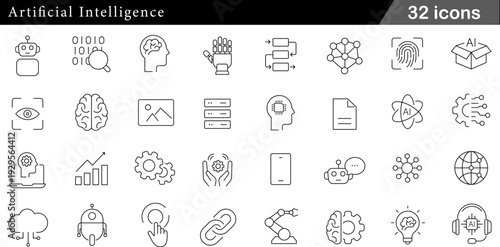 32 Artificial Intelligence Icons Set Neural Network, Robot Head, Data Server and Computer Vision Symbols in Professional Thin Line Style for AI Technology