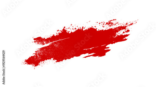 Red paint splatter brush stroke with textured edges on a white background