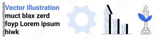 Business development, innovation, eco-friendly growth, technological processes, sustainability, and progress. A gear, bar graph and plant seedling with arrows. Business growth and innovation