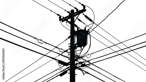 Electric utility pole with power lines silhouette, transformer and cables vector illustration isolated on white background, electricity infrastructure concept
