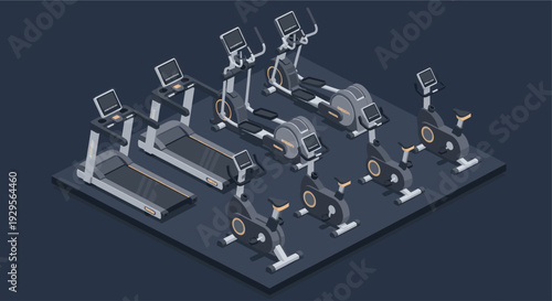 Isometric illustration features treadmills, elliptical machines, and stationary bikes, neatly arranged, showcasing fitness equipment for gyms or home workout spaces, with a modern.
