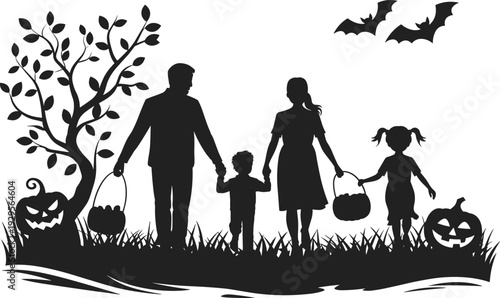 Black silhouette illustration of family trick-or-treating with pumpkins, bats, tree, and grass, festive Halloween celebration concept highlighting unity, tradition, and seasonal spooky atmosphere