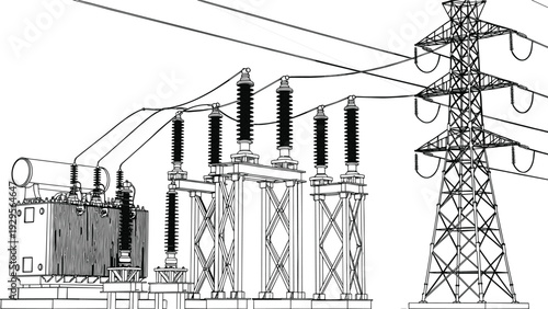 Electrical substation with high voltage transformer and transmission tower, power grid infrastructure equipment, energy distribution facility technical line art vector