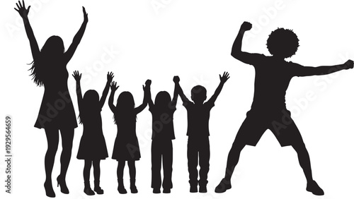 Family silhouettes celebrating together with parents and children jumping and raising hands, happy energetic group in black isolated on white background