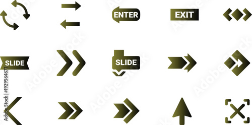 Collection of various green arrow icons and slide enter exit buttons for navigation and direction on websites and applications  user interface elements