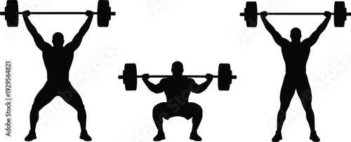 Weightlifting silhouette set, strong man performing barbell squat and overhead press exercises isolated, bodybuilding fitness concept, flat vector illustration